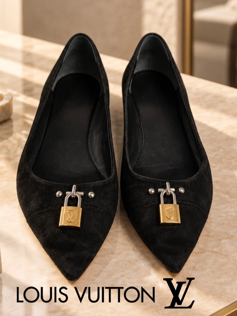 Louis Vuitton Pinkie Swear padlock Ballet Flats 6.5 36.5 Pointy Suede Italy Shoe